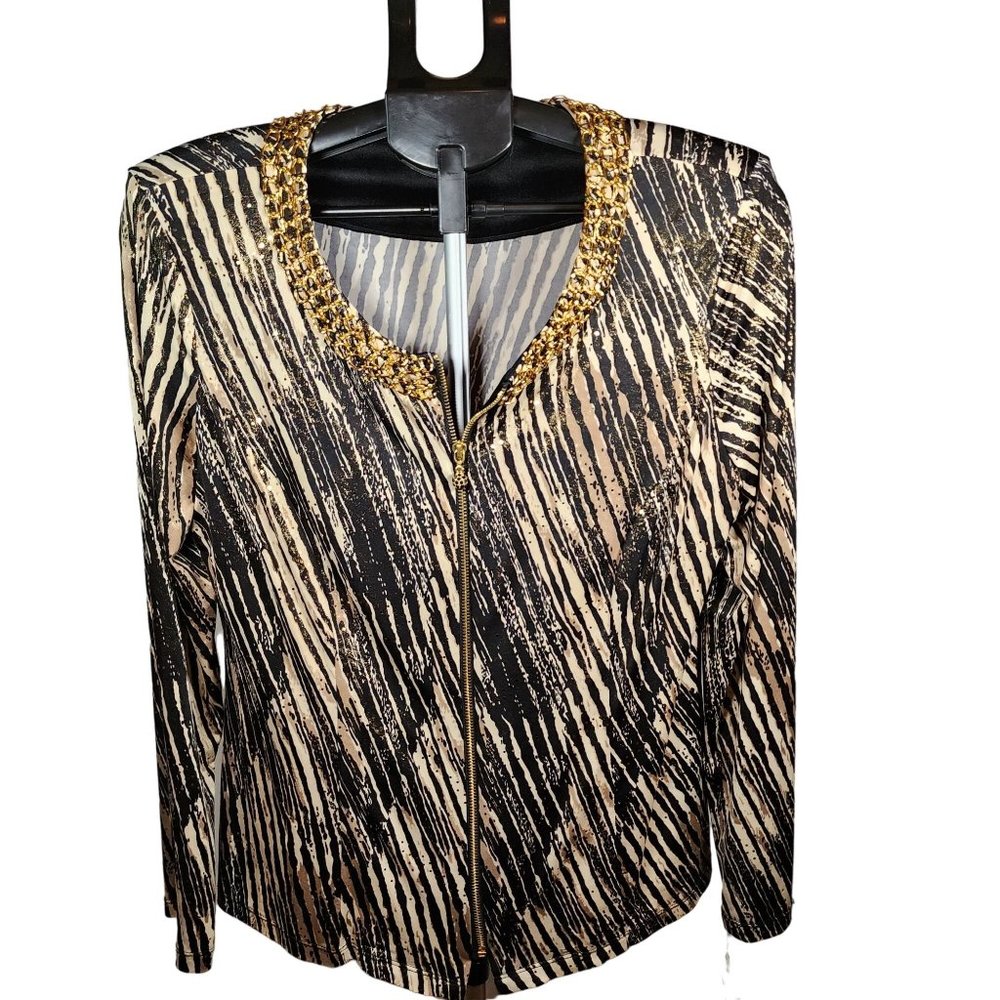 MSK Black Gold Sequin Jacket Decorative Chain Neckline Size Large